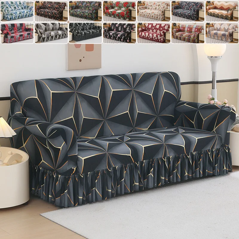 1PC Skirted Universal Stretch Sofa Cover Geometric Print Milk Silk All-Inclusive Couch Cover for 1/2/3/4Seater Living Room Decor