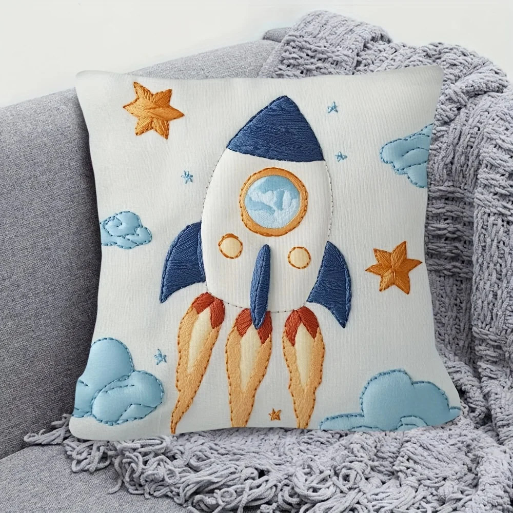 Rocket Throw Pillow Cover, Outer Space Rocket & Stars  Faux Embroidery Style Nursery Decorative Pillow Case