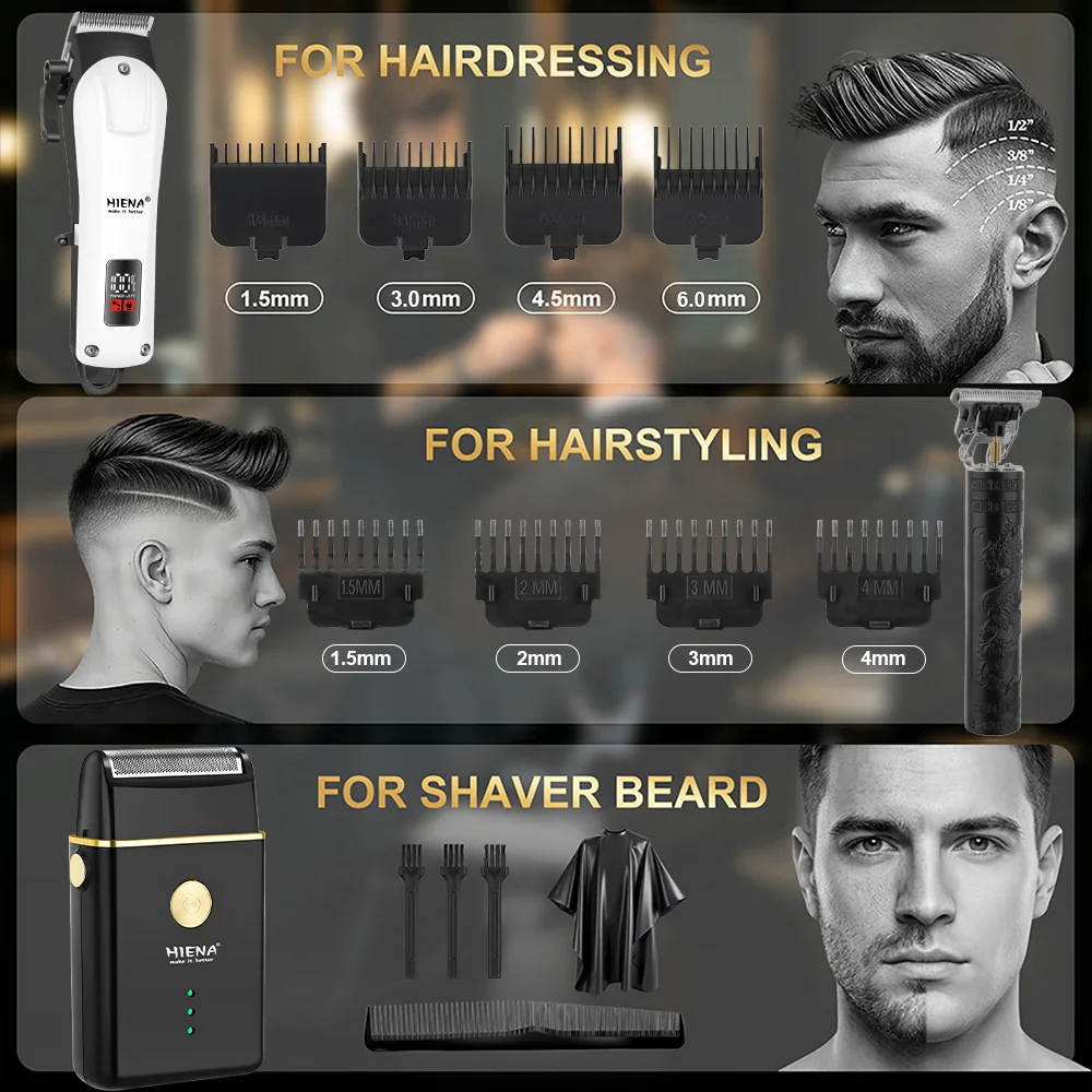 HIENA Professional Barber Kit Electric Hair Clipper Beard Shaver Detail Trimmer Cordless Rechargeable Titanium Blades for Home