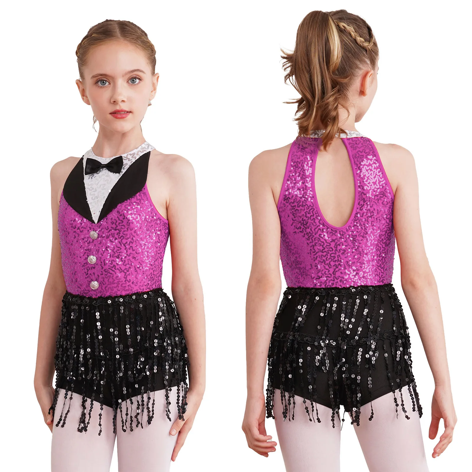 

Sequins Tassel Leotard Dress for Moden Jazz Latin Performance Kids Girls Tango Cha-Cha Samba Tuxedo Bowknot Bodysuit Costume