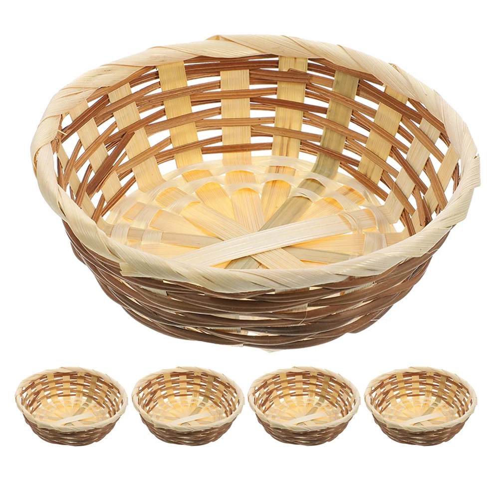 

5pcs Bamboo Fruit Basket Handcrafted Weaving Storage Organizer Kitchen Dining Tabletop Dessert Plate Snack Serving Holder Bread
