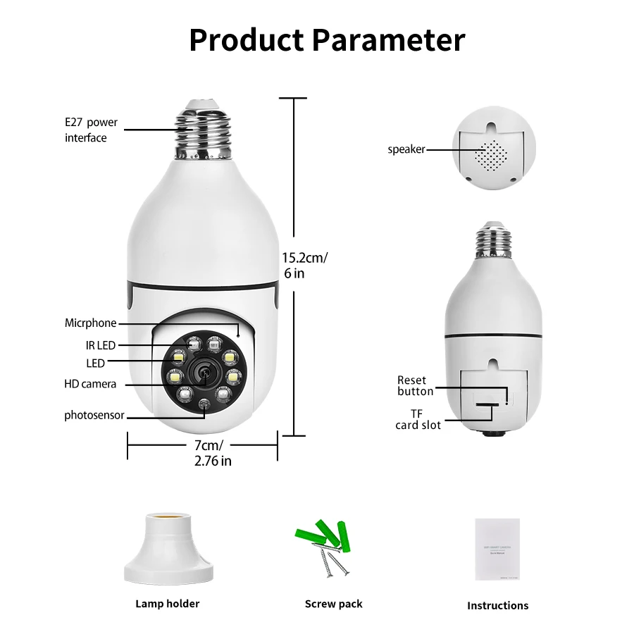 E27 Bulb WiFi  Camera PTZ Night Vision Full-Color HD Automatic Tracking CCTV Baby Monitor 1080P Security Camera ICSEE XMEYEY
