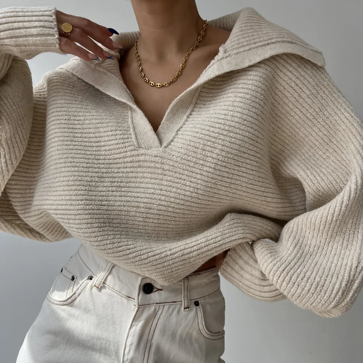 Women Knit Sweaters Turn Down Collar Full Sleeve Splice Pullovers Jumpers Straight Thick Sweater Knitted Ladies Autumn 2023