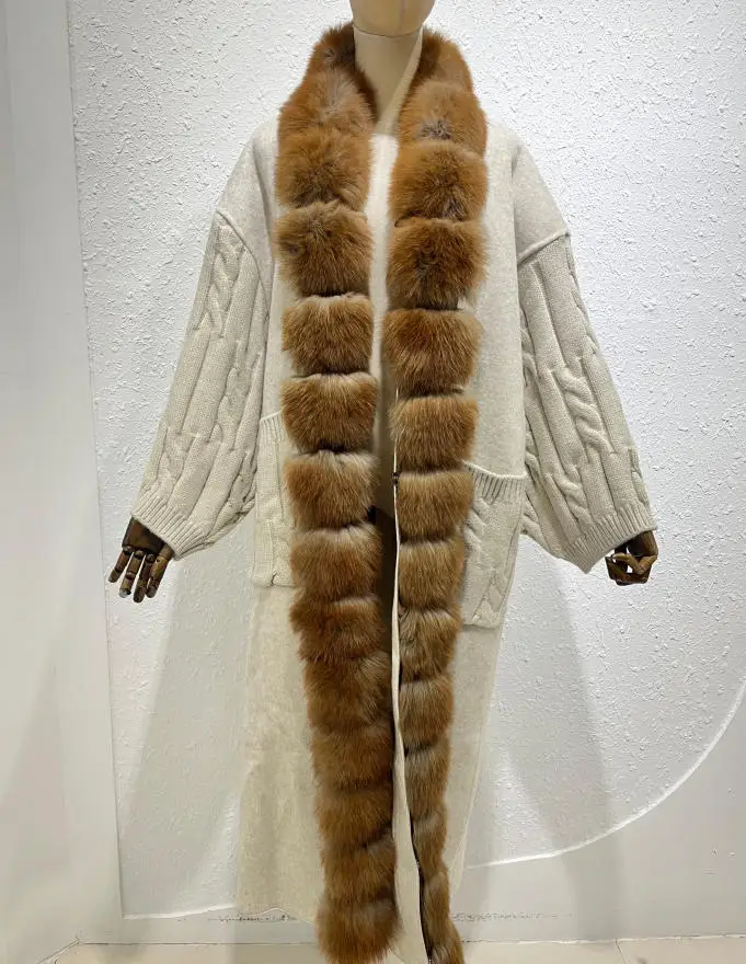 New Luxury Winter Real Natural Fox Fur Collar Woolen Blends Knit Long Overcoats Women Loose Warmth Cashmere Fur Jacket