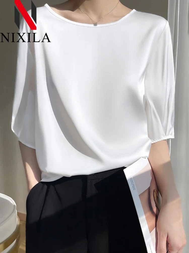 New in Summer Woman Silk Blouse Elegant T-shirt Simple Satin Office Smooth Tops Aestetic Mujer Round Neck Oversized Clothing