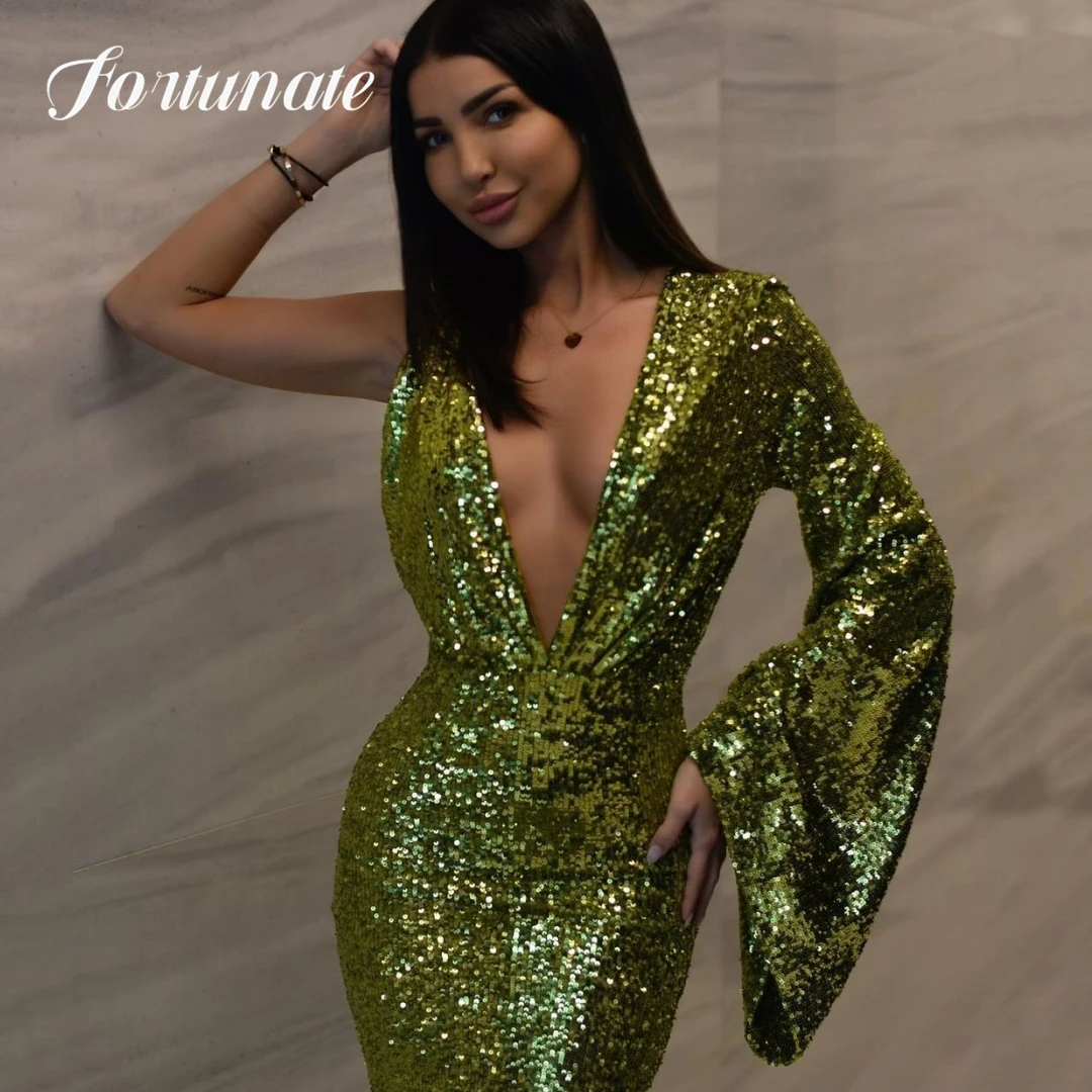 Sexy Golden Mermaid Quinceanera Dress Deep V-Neck Open Back One Shoulder Cocktail Party Evening Party Dresses For Woman 2023