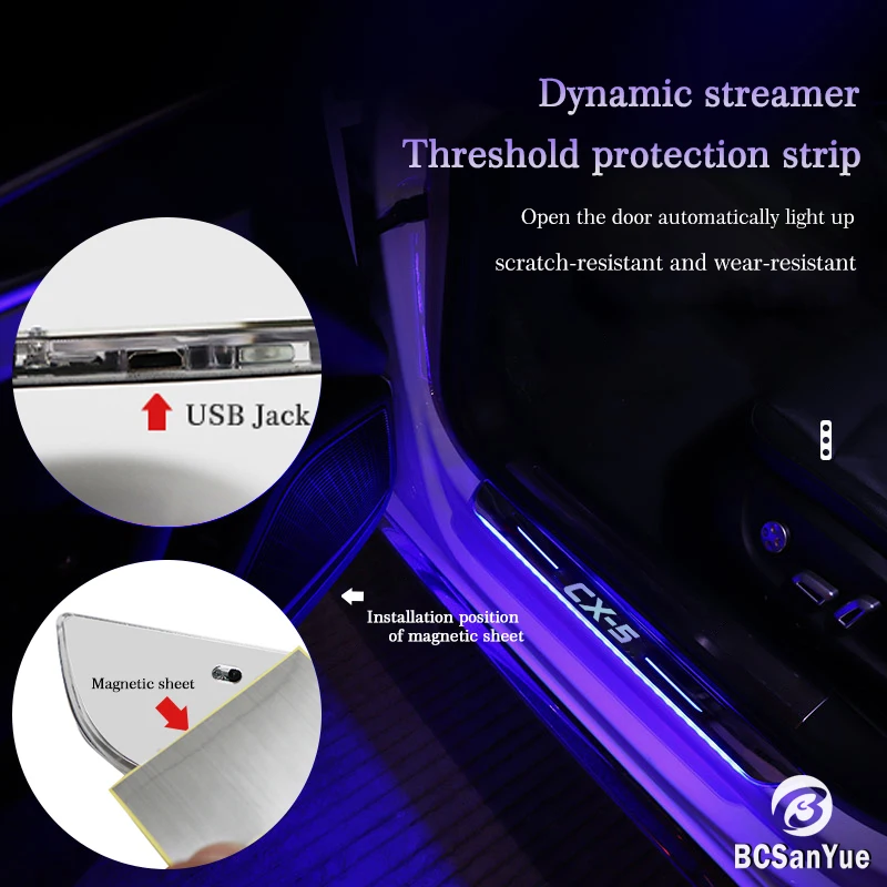 Wireless Car Welcome Door Sill Light for Mazda CX5 Projector Lamp USB Power Moving LED Car Scuff Pate Pedal Interior Accessories