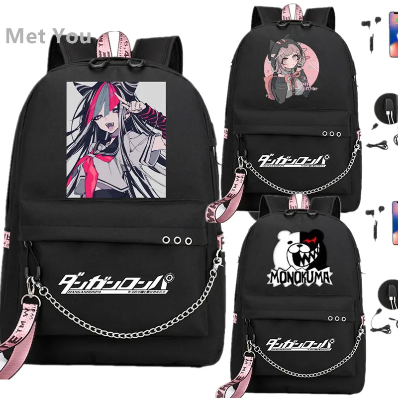 Danganronpa Bear Anime USB Backpack Bag Casual School Book Black Bag Mochila Travel Bags Laptop Chain Bag W/ Headphone USB Port