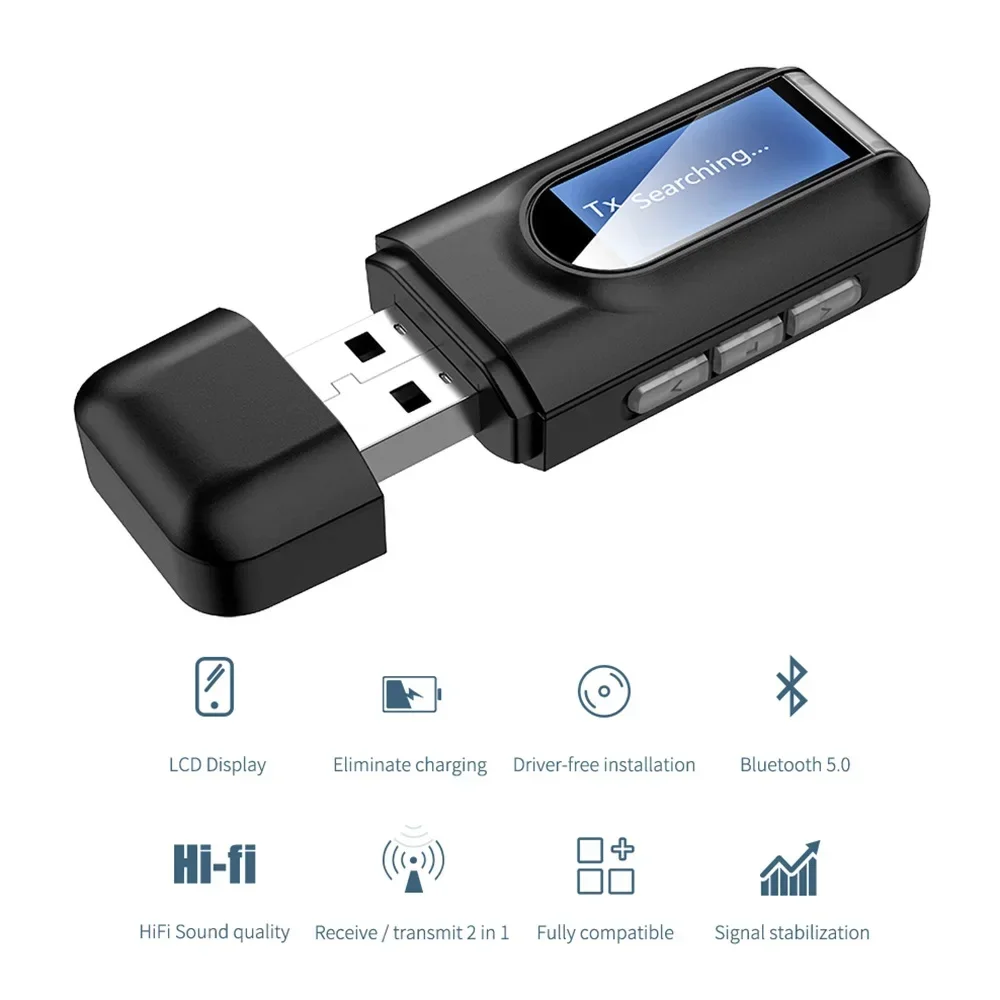 USB Bluetooth Receiver Transmitter LCD 3.5MM AUX Audio Bluetooth 5.0 Adapter for Car PC TV HD HiFi Receptor Wireless Adapter