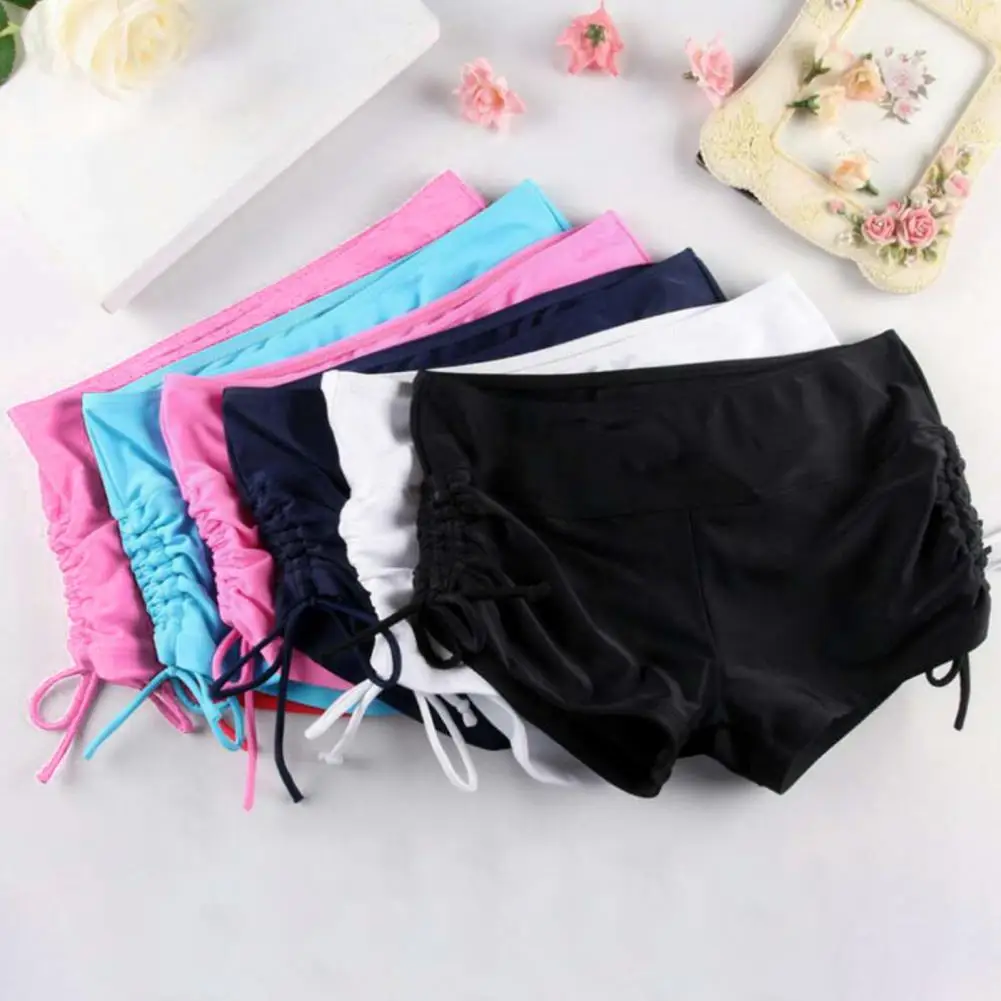 

Women Mini Safety Pants Swim Shorts Solid Color Elastic Drawstring Boxers Mid Waist Women Basic Safety Pants Bathing Boyshorts