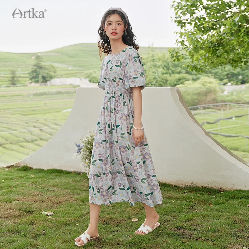 ARTKA 2023 Summer New Women Dress Elegant Loose Floral Prints Dresses O-Neck High Waist Puff Sleeve Long Dress Female LA29325X