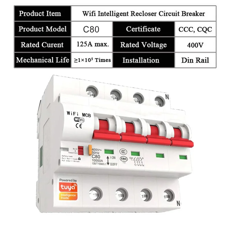 AF91-1 Piece Smart Circuit Breaker Tuya Smart Circuit Breake Automatic Switch Overload Short Circuit Protection (4P)