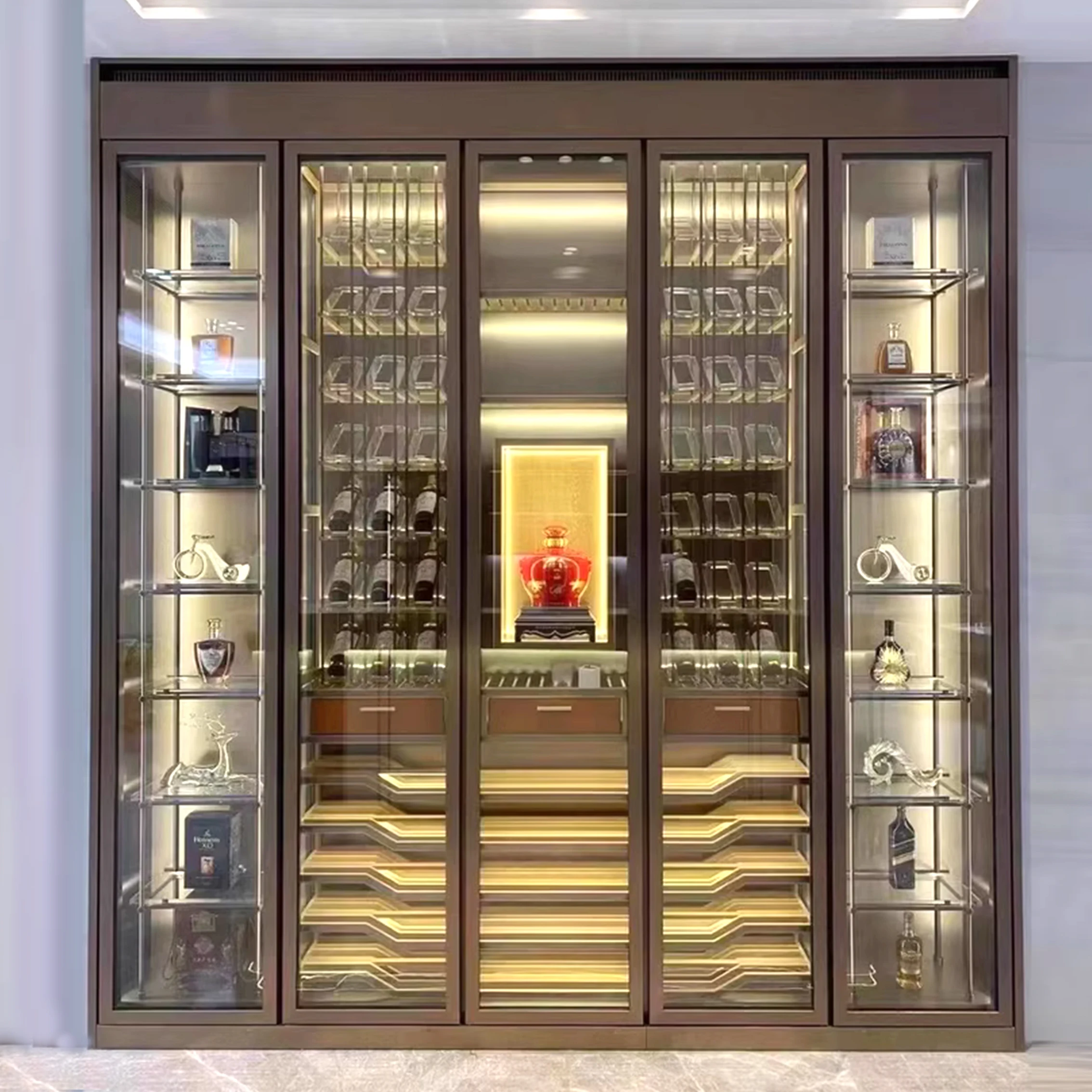 Industrial Custom Bar Furniture Built In Wine Cabinet LED Light Wall Mounted Wine Bottle Display Cooler Cabinet
