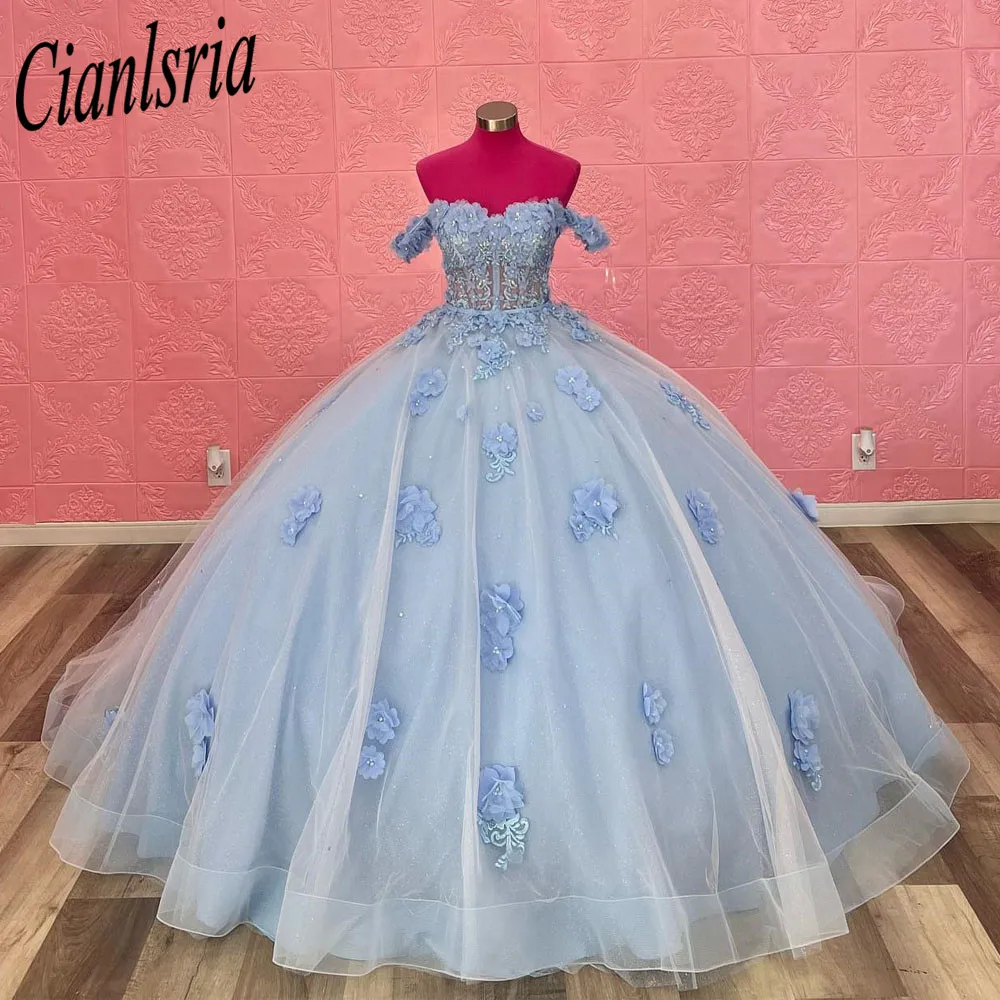 Vestido De baile azul cielo mexicano, quinceañera, apliques 3D, dulce vestido 16, cuentas sin hombros, 15 Años