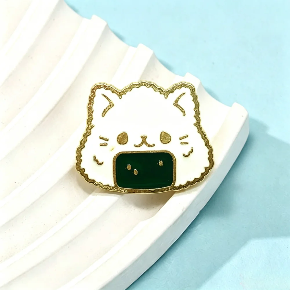 Kawaii Cat Onigiri Enamel Lapel Pin Cartoon Japanese Food Metal Badge Backpack Clothes Decor Brooch Cat Fan Gift