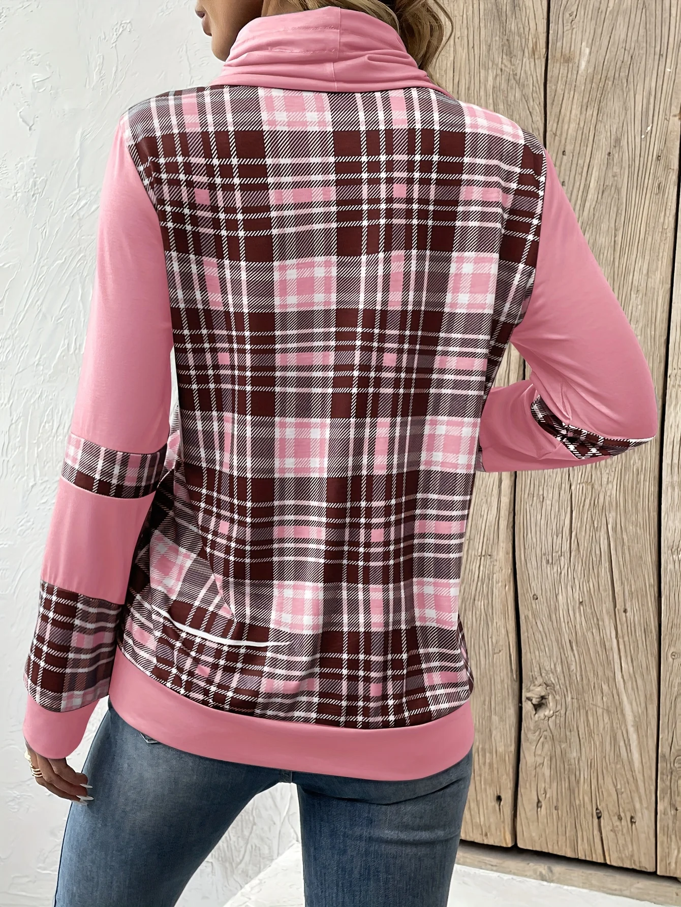 Spring new casual versatile plaid stack collar youthful fashionable sweatshirt for women