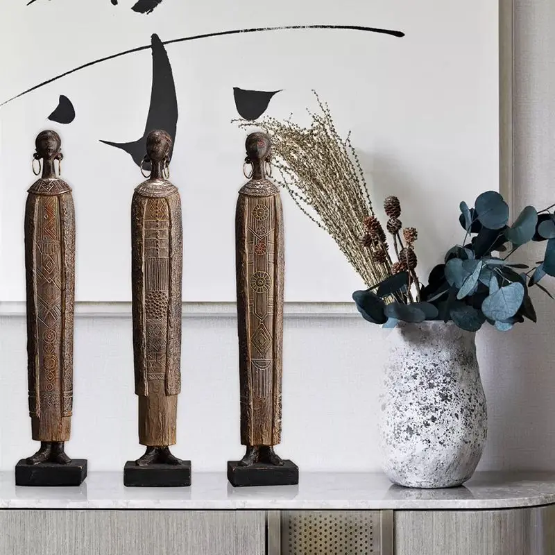Retro African Tribal Female Figure Art Statue Handcrafted Decor Ornament for Living Room TV Cabinet Home Tabletop Accessories
