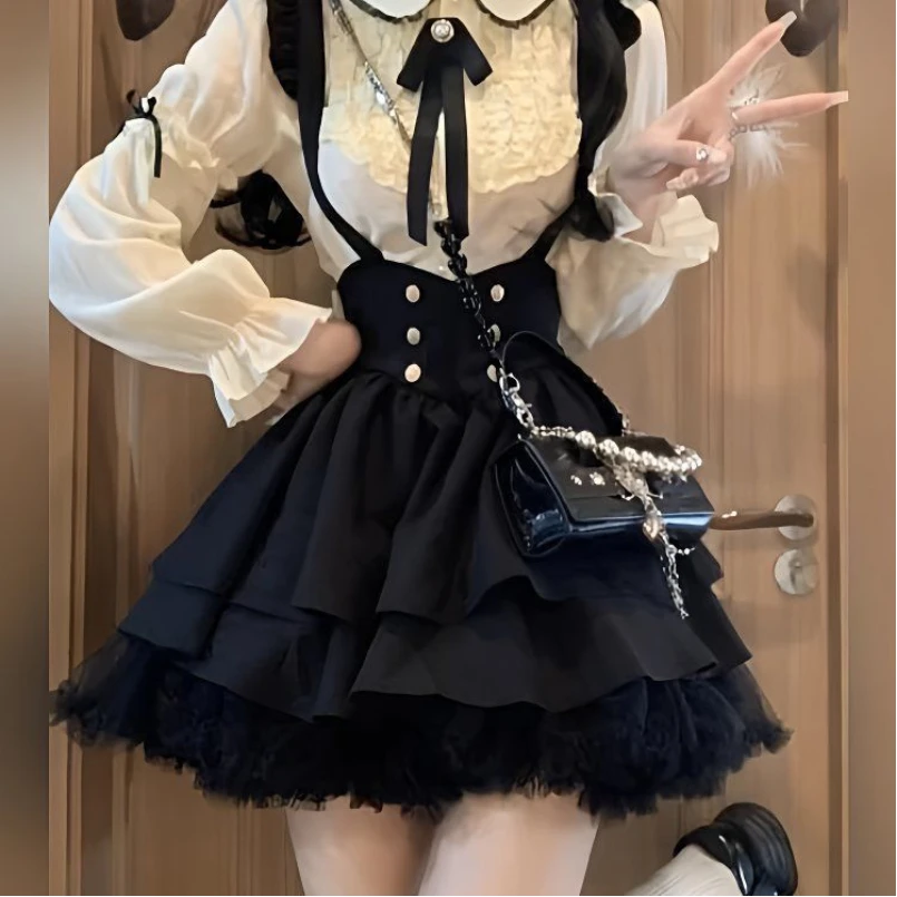 College Style Shoulder Strap Bow Dress New Spring and Autumn Pure Desire Sweet Doll Shirt Two-piece Set - Image 5