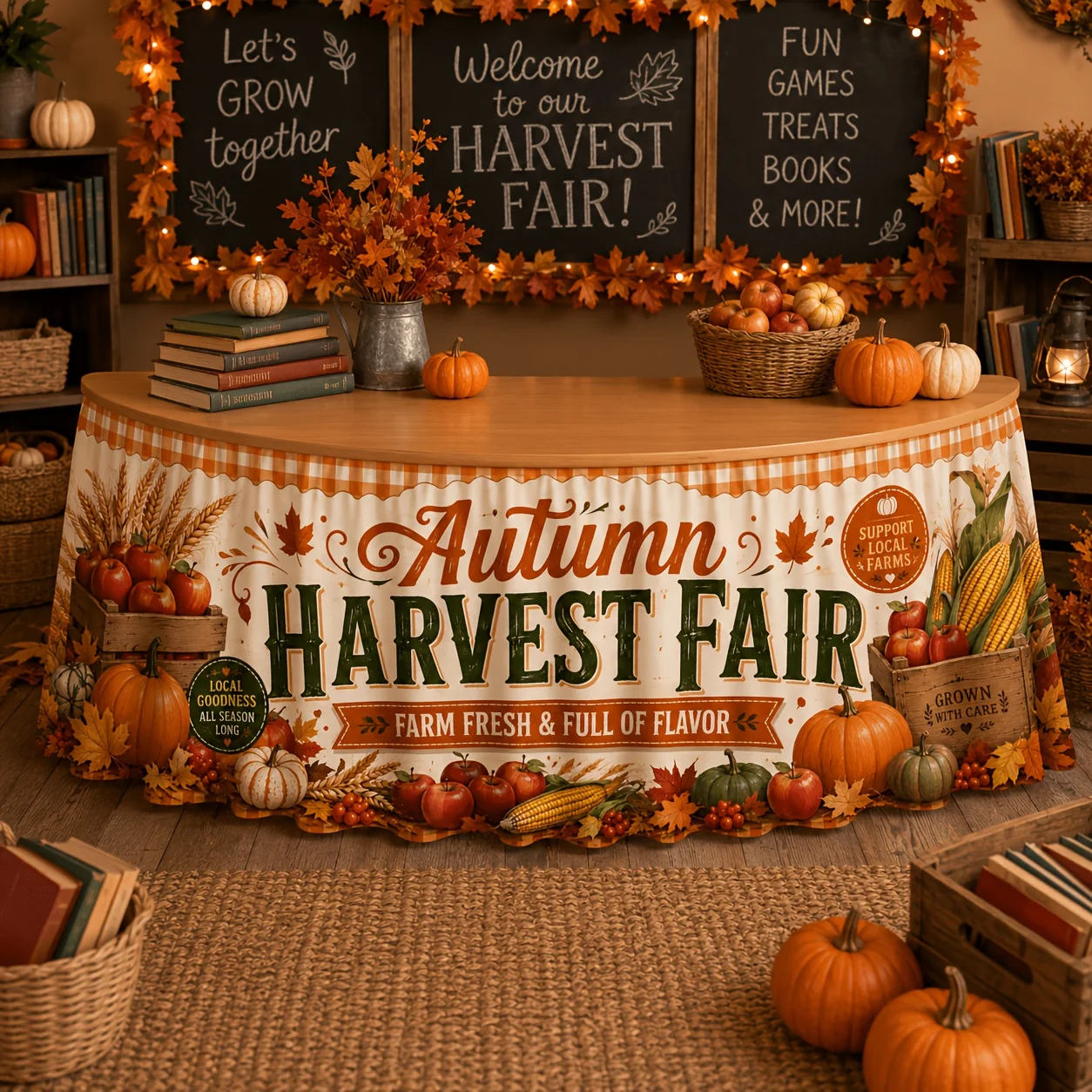 A vintage autumn harvest table skirt that is suitable for Christmas weddings, Halloween and Thanksgiving.xzj