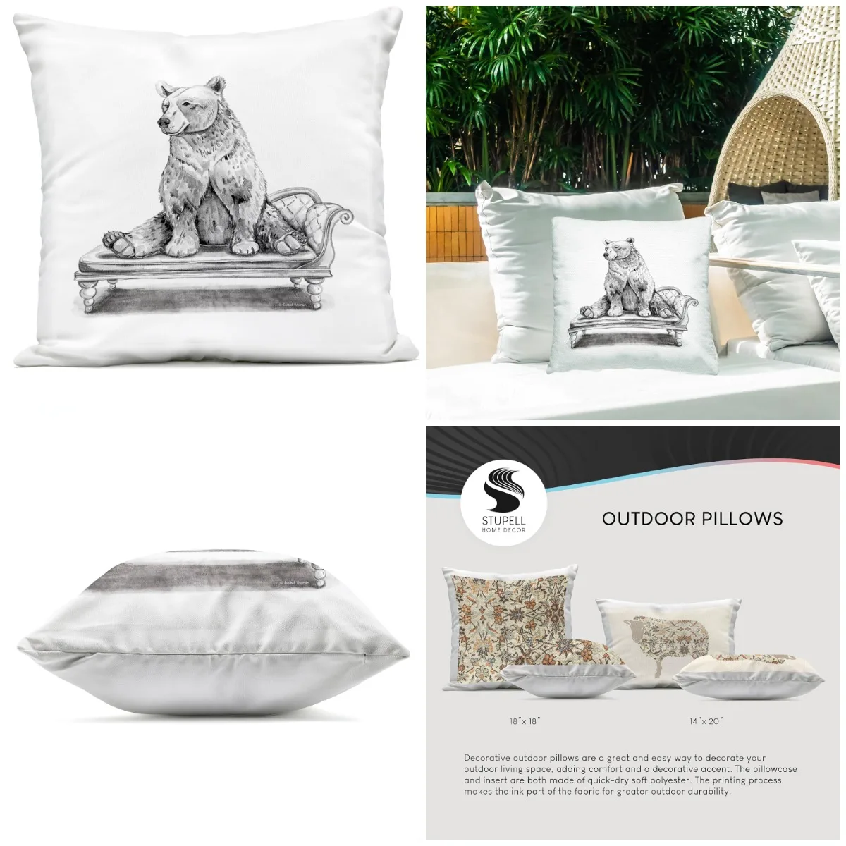 

Bear on Chaise Lounge Outdoor Printed Throw Pillow, 18 x 7 x 18, Grey