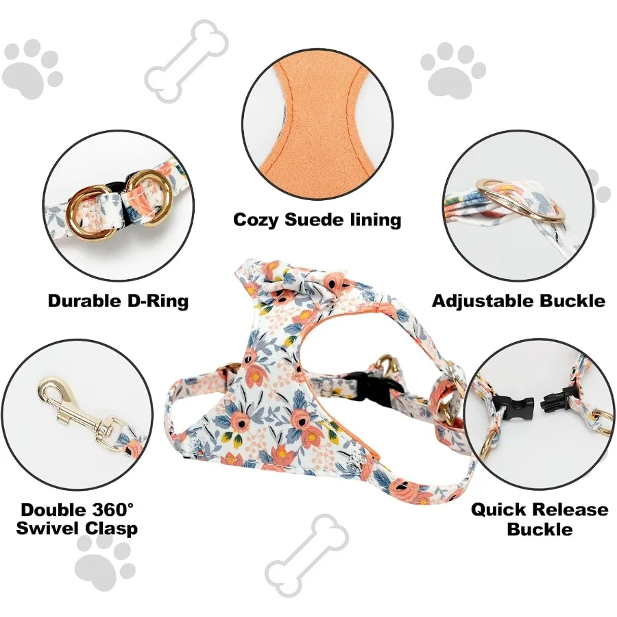 XXS الكلب تسخير والمقود مجموعة خفيفة الوزن الحيوانات الأليفة يسخر مع ربطة عنق لطيف الأزهار Patterdjustable الهروب برهان جرو سترة اضافية S
