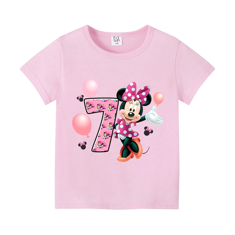 Minnie Mouse Children Pink T-Shirt Birthday Number 1-9 Disney Clothes Cute Anime Kids Girls Boys Tee Shirt Casual Birthday Gifts