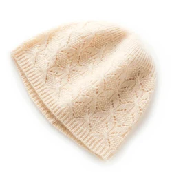 100% Wool Knitted Hat for Women Winter Autumn Fashion Elastic Ear Protect Soft Warm Cashmere Beanies Solid  Ski Cap Skullies