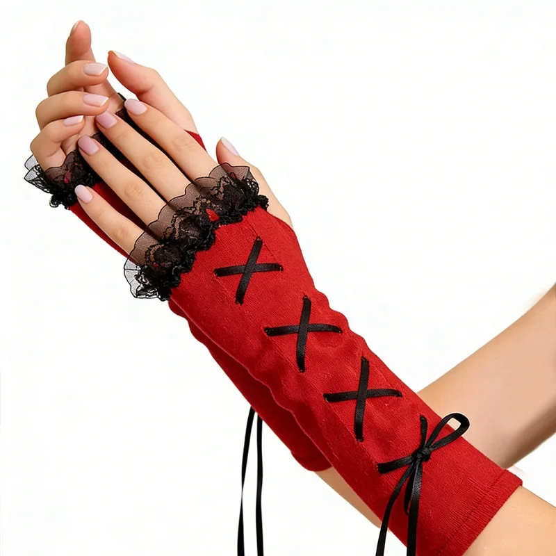 Knitted hand sleeves frozen warm Christmas solid color lace Harajuku personalized rope red sleeves punk style
