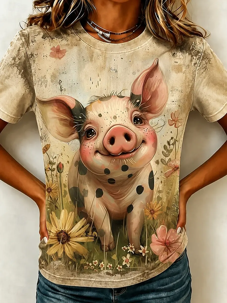 Women's Spring Summer 3D Printed Crew Neck Tee, Vintage Beige Base Laughing Cow Realistic Oil Painting Animal Print Casual Top