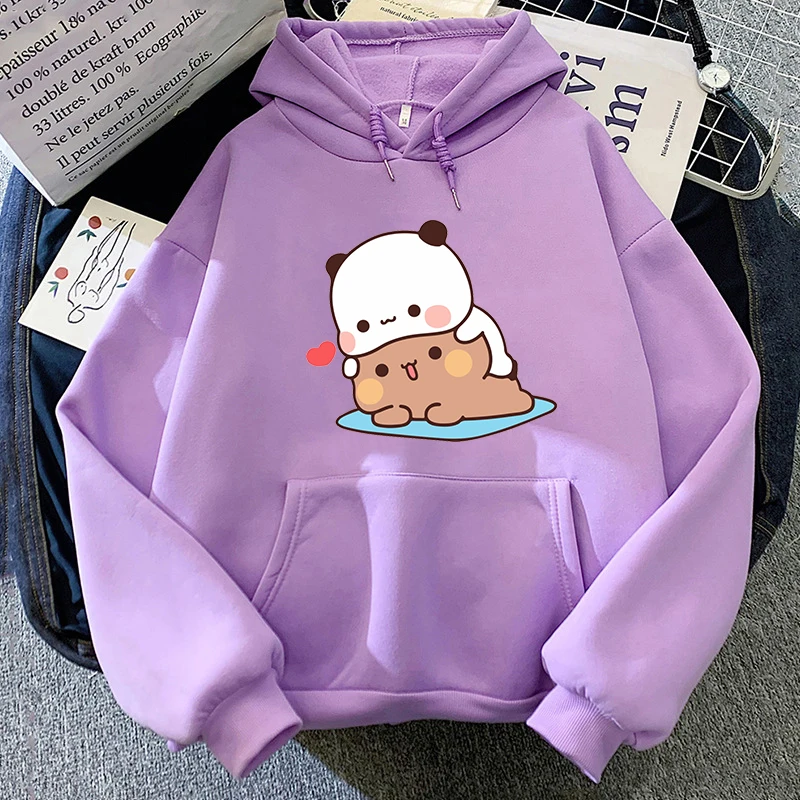 Bubu Dudu hoodie wanita, pakaian jalan Unisex, Hoodie tudung Harajuku gaya Korea cetak beruang Panda untuk perempuan