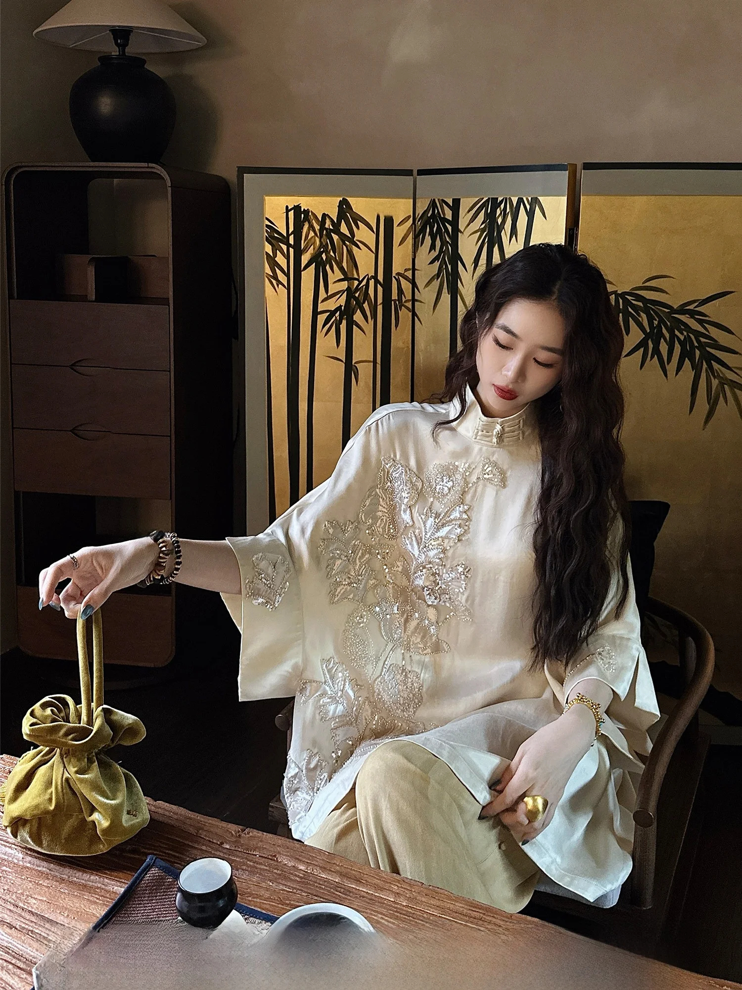 

Новинка 2025: Женское платье-халат Sanji Bla Flower Lotus Birth New Chinese Sle Top Tube Embroidery mid Sve T irt, новое, больших размеров