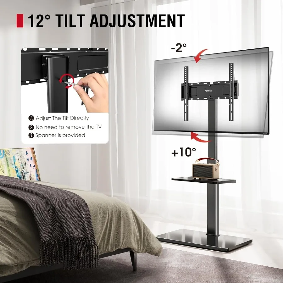 Floor TV Stand with 60Degree Swivel for 3265 Inch TVs up to 88lbs Height Adjustable from 8 Levels Tilt Function Tempered Glass
