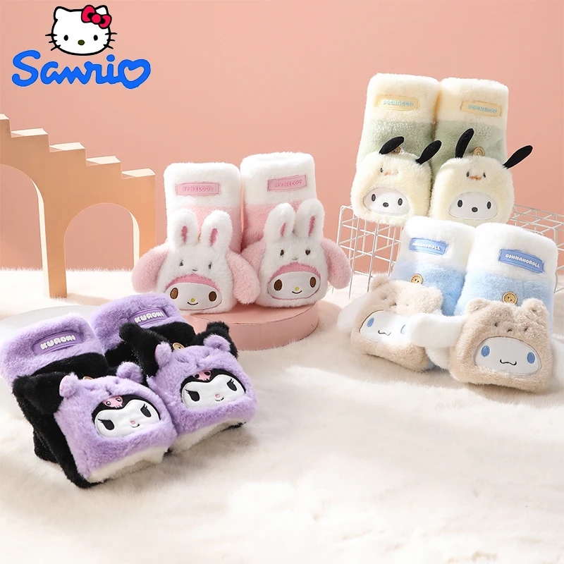 Sanrio My Melody Adult Plush Glove Kawaii Kuromi Gloves Flip Half Finger Cold-Proof Glove Screen Touch Warm Gloves Winter Gift