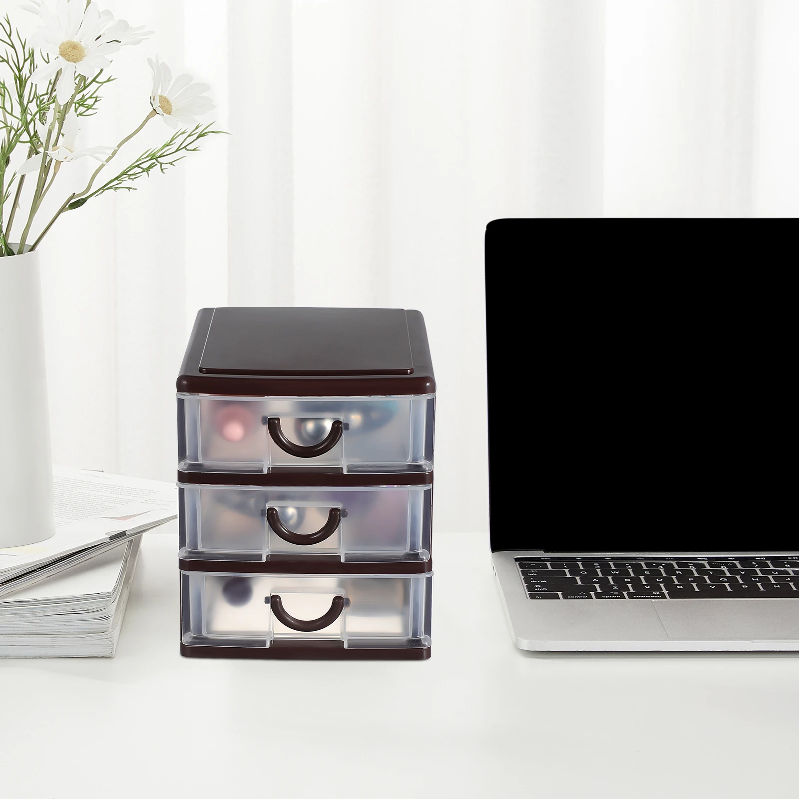 

Plastic Desk Storage Box Organizer with Handle Brown Transparent Lightweight Portable Office Home Bathroom Desktop for Living