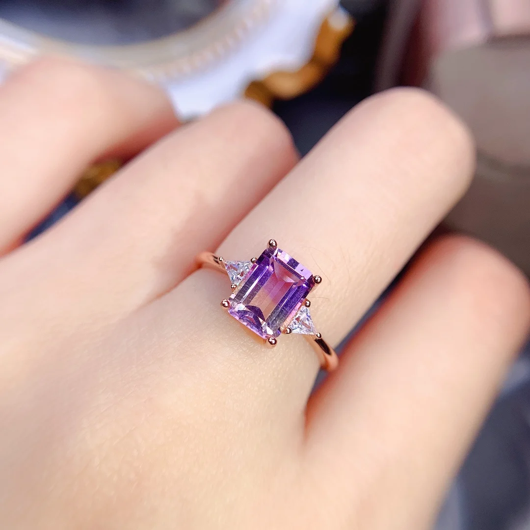Sterling Silver with Natural Ametrine Ring Emerald Cut 7x9mm Natural Gemstone Women Engagement Ring Fine Jewelry view 3