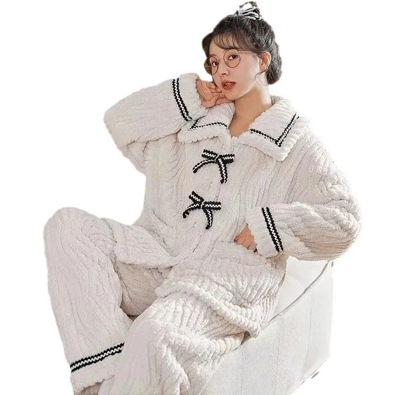 2024 New Autumn Winter Pajamas Princess Style Loungewear Simple Pajama Set Sweet Bow Knot Thickened Student Warm Sleepwear