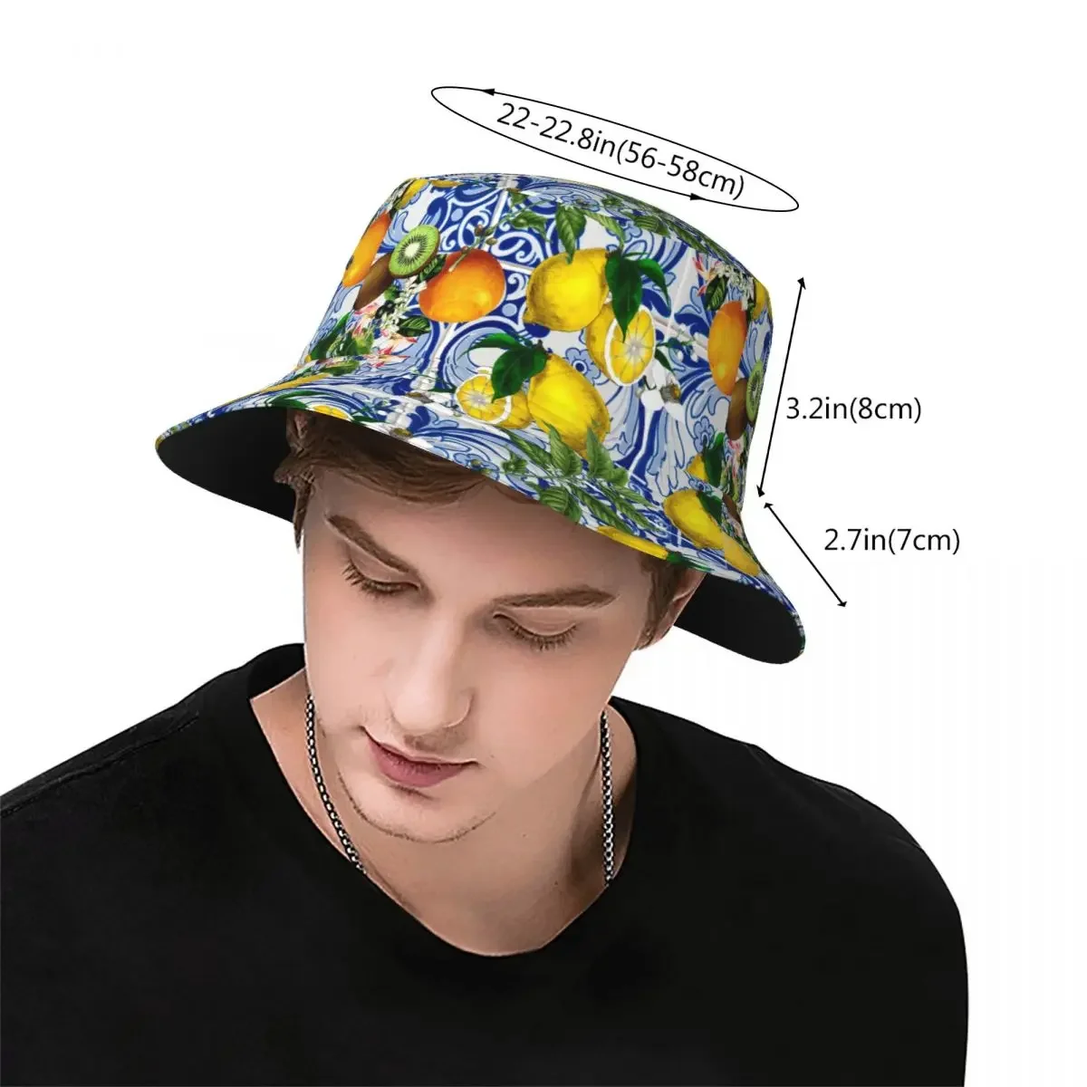 Mediterranean Lemon On Blue Ceramic Tiles Unisex Bucket Hats Customize Summer Travel Beach Summer Citrus Fruit Hat