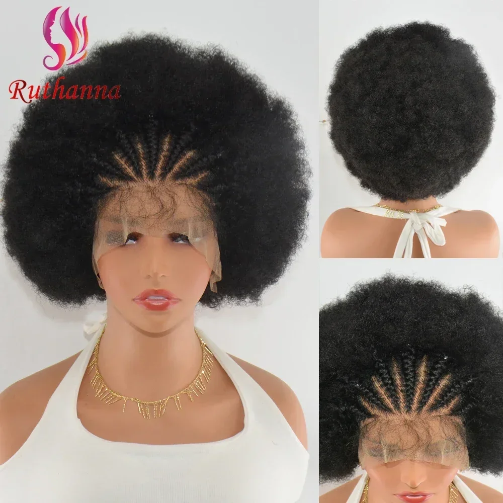 Peluca trenzada frontal de encaje 13x4 de 250% de densidad, peluca Afro rizada corta sintética con cabeza explosiva para mujer, peluca de moda para el cabello de bebé de encaje