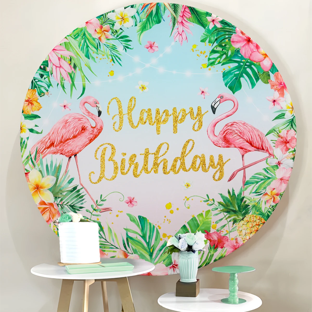 Round Birthday Party Backdrops Unicorn Dinosaur Flamingo Farm Animal Birthday Party Decor Baby Shower Circle Photo Background