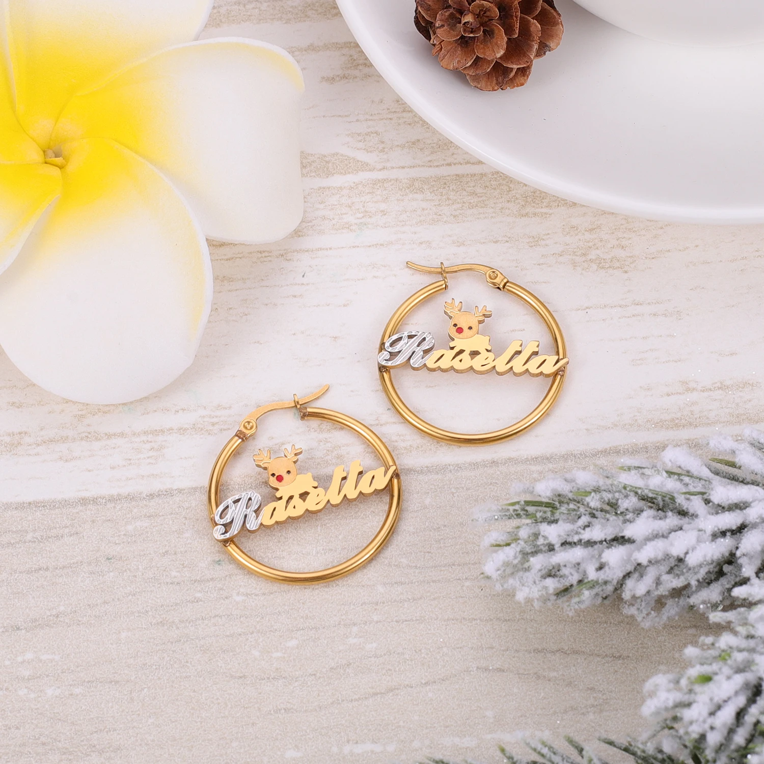 

Dascusto Personalized Name Christmas Hoop Earrings with Reindeer Design Two - Tone Gold Plated Festive Jewelry