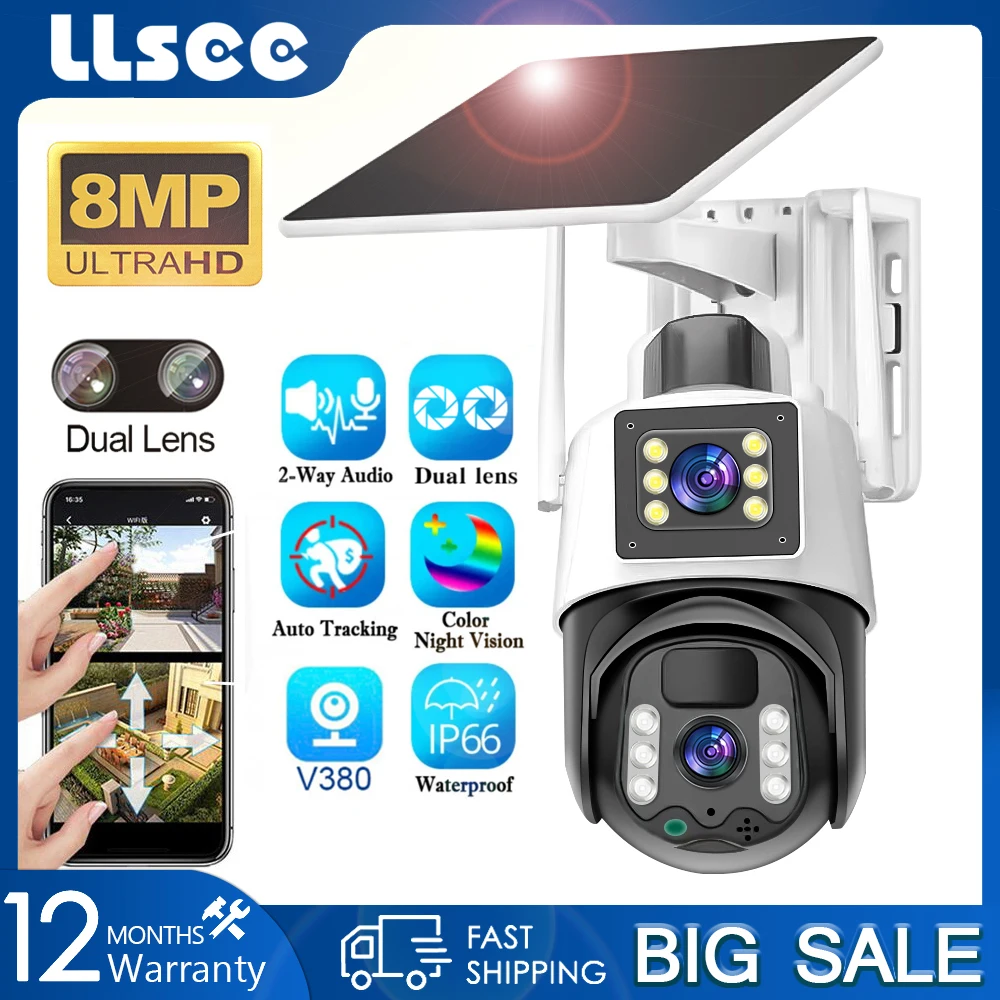 

LLSEE, V380 Pro, dual lens wireless CCTV outdoor solar WIFI camera, PTZ 8MP 4K, IP security camera monitoring, 10X magnification