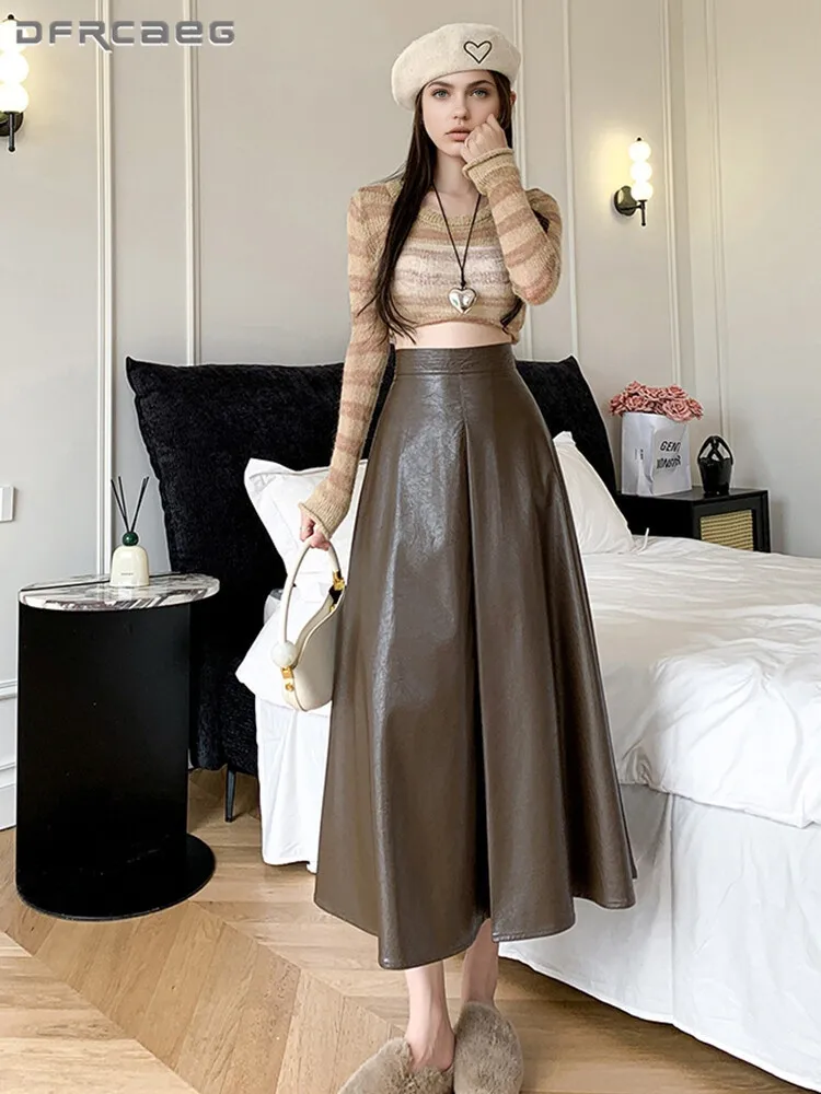 

Elegant Fashion Loose Pu Leather A-Line Long Skirt Woman High Waist Casual Vintage OL Coffee Pleated Skirts Maxi Lady