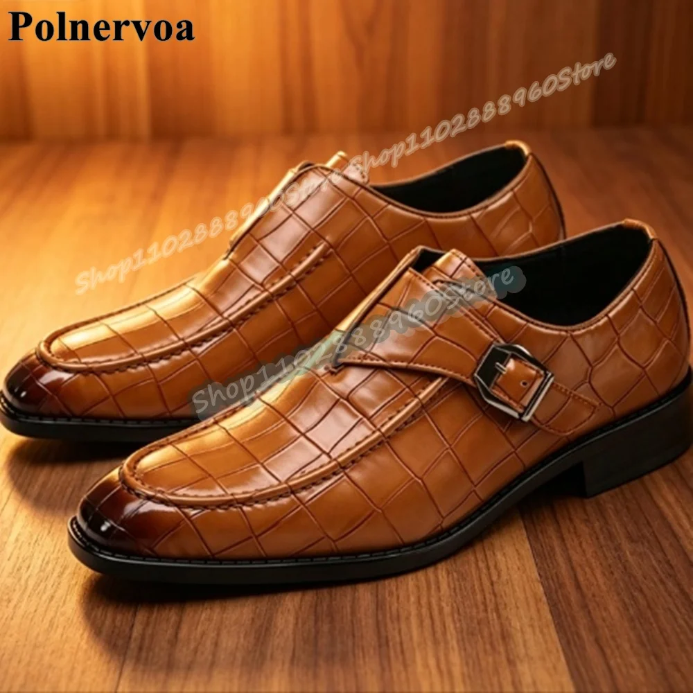 

Formal Brown Crocodile Skin Buckle Strap Men Pumps Flats Party Shoes For Men Slip On Banquet Fashionable Catwalk 2026 Men Pumps