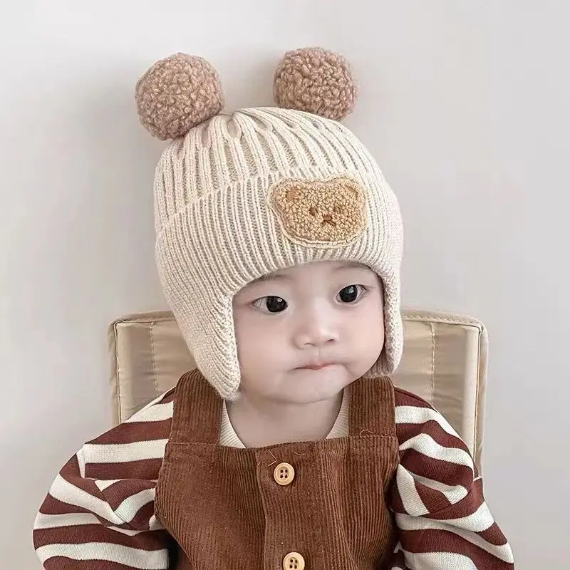 Knitted Baby Cap With Earflaps Cute Bear Pompom Kids Hat Beanie Warm Autumn Winter Boys Girls Ear Protection Bonnet Caps