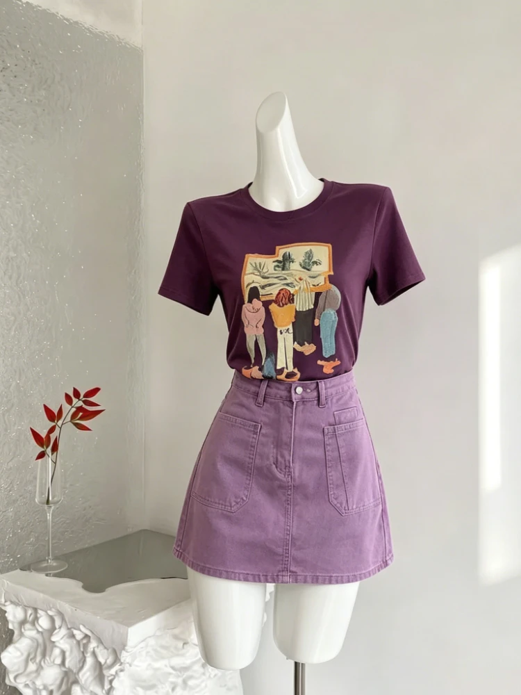

2026 Summer Casual Sweet 2 Piece Set for Women Cartoon Print Tops + Solid High Waist Mini Skirt Chic Retro Daily Female Outfits