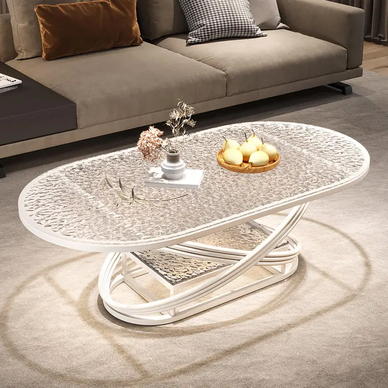 xx-Modern Cream White Oval Coffee Table with Textured Water Ripple Glass Top and Metal Frame for Coffee Table^