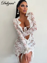 Dulzura Lace Patchwork Hook Flower Hollow Long Sleeve Mini Dress 2023 Summer For Women Sexy Y2K Party Clubwear Tassels