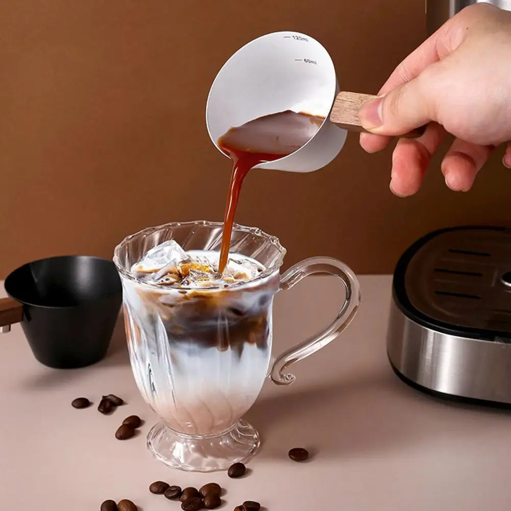 Espresso Measuring Cup Coffee Extraction Pitcher Espresso Liquid Extraction Cup with Walnut Handle 120ml Stainless for Baristas