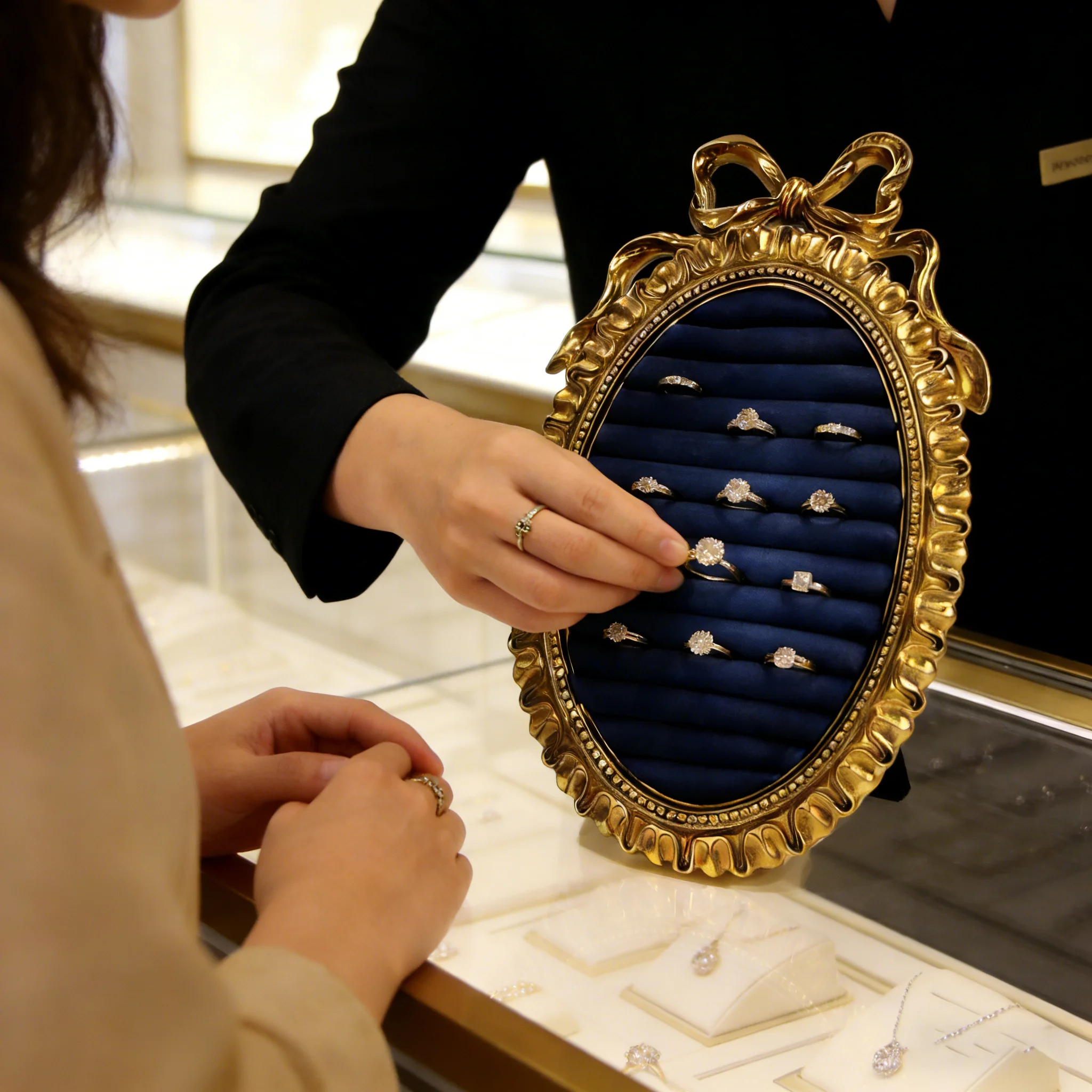 

Подставка для ювелирных изделий 2026 в виде овальной фоторамки из атласного бархата – держатель для колец