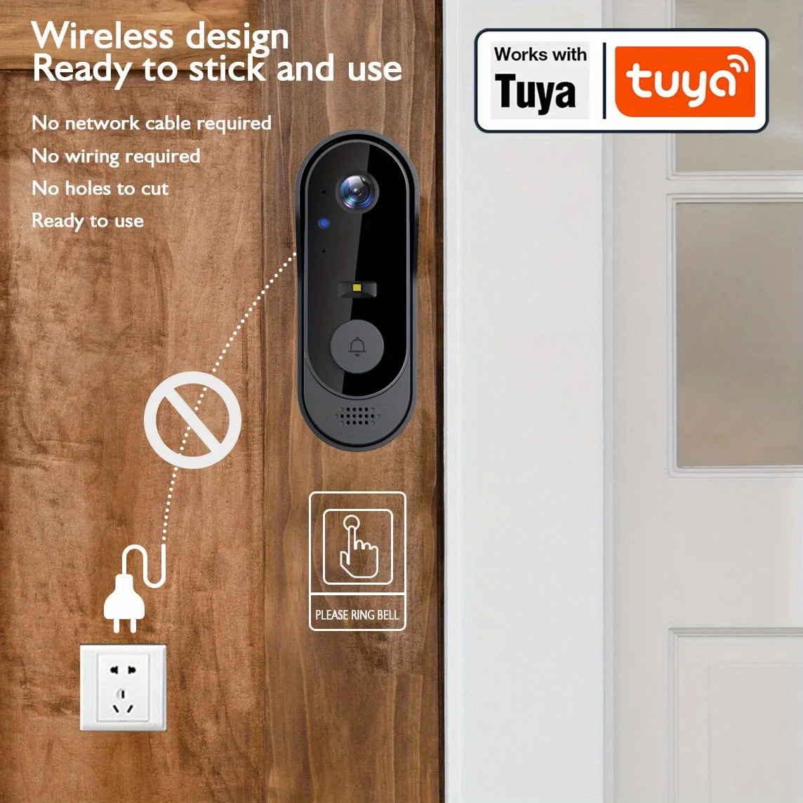 Mini Tuya draadloze deurbelcamera, 2,4 GHz wifi-videodeurbel Smart Home-beveiliging met camera HD Mobiele weergave op afstand